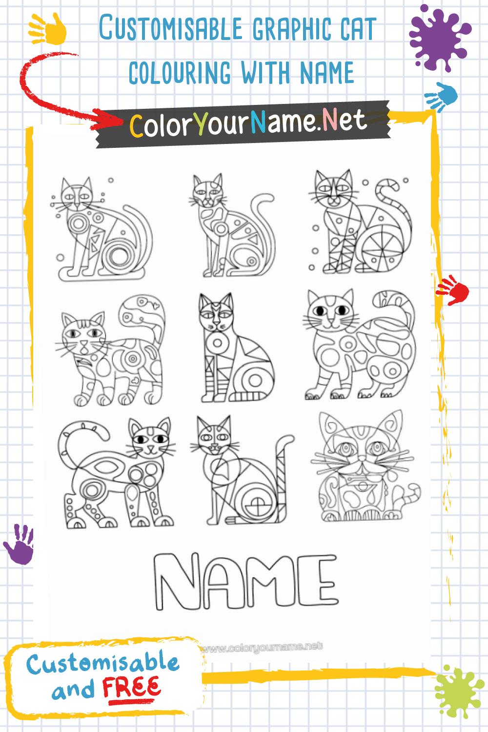 Customisable graphic cat colouring with name