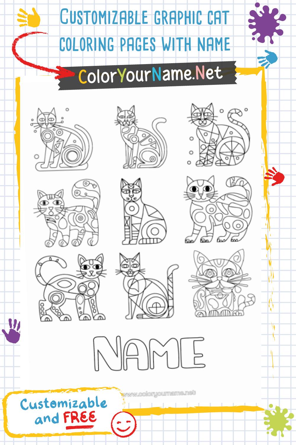 Customizable graphic cat coloring pages with name