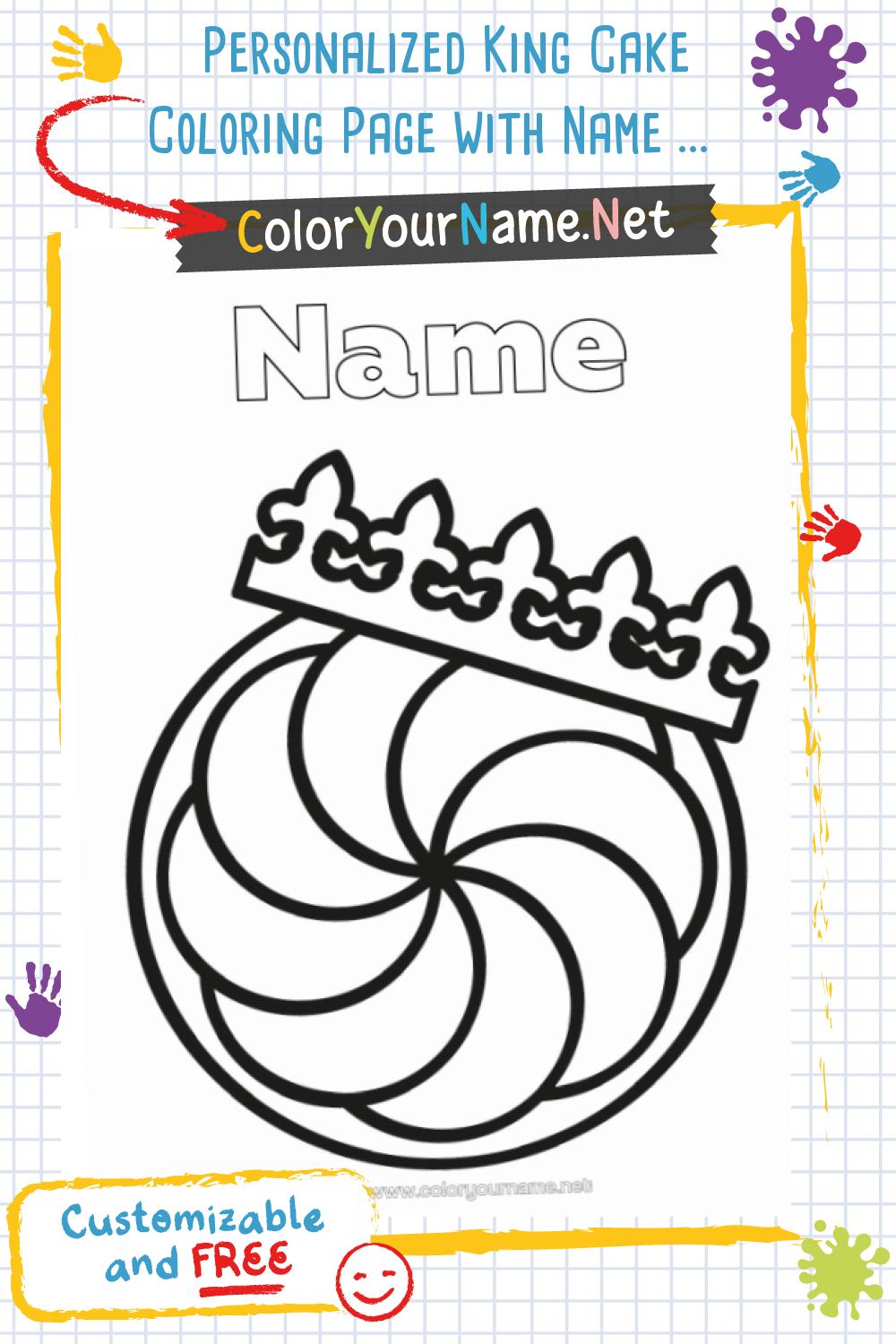 Personalized King Cake Coloring Page with Name – Crown and Frangipane