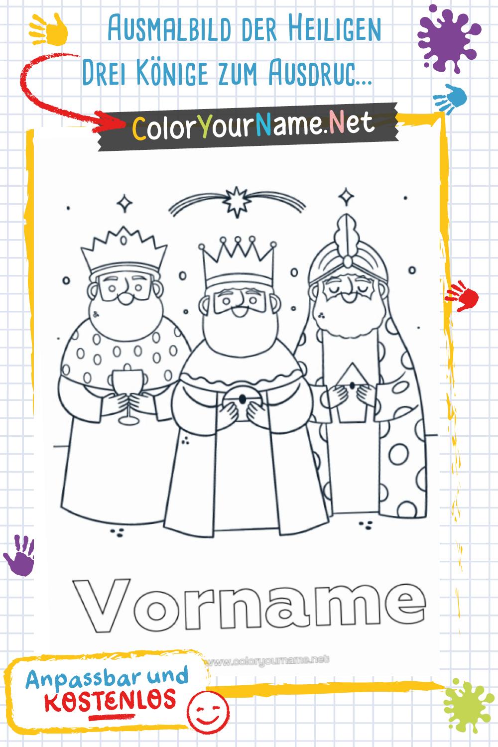Ausmalbild der Heiligen Drei Könige zum Ausdrucken mit Namen