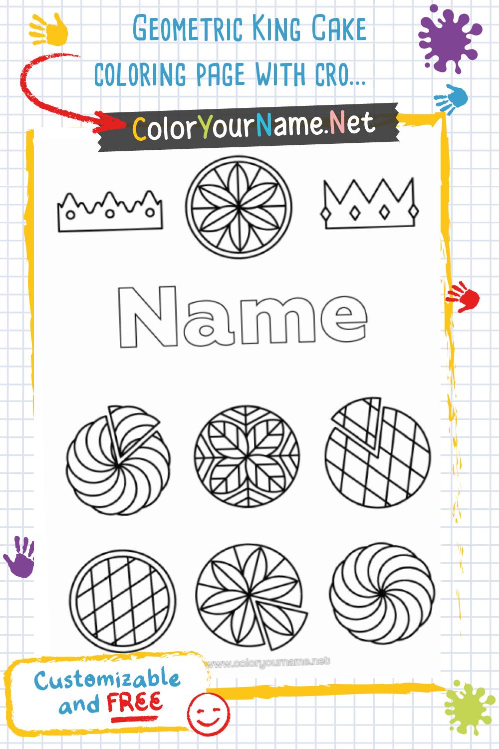 Geometric King Cake coloring page with crowns and customizable name.