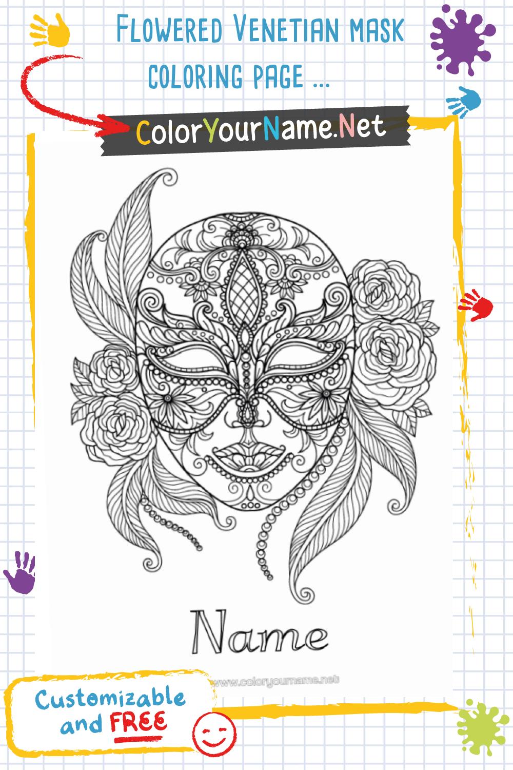 Flowered Venetian mask coloring page – customizable name
