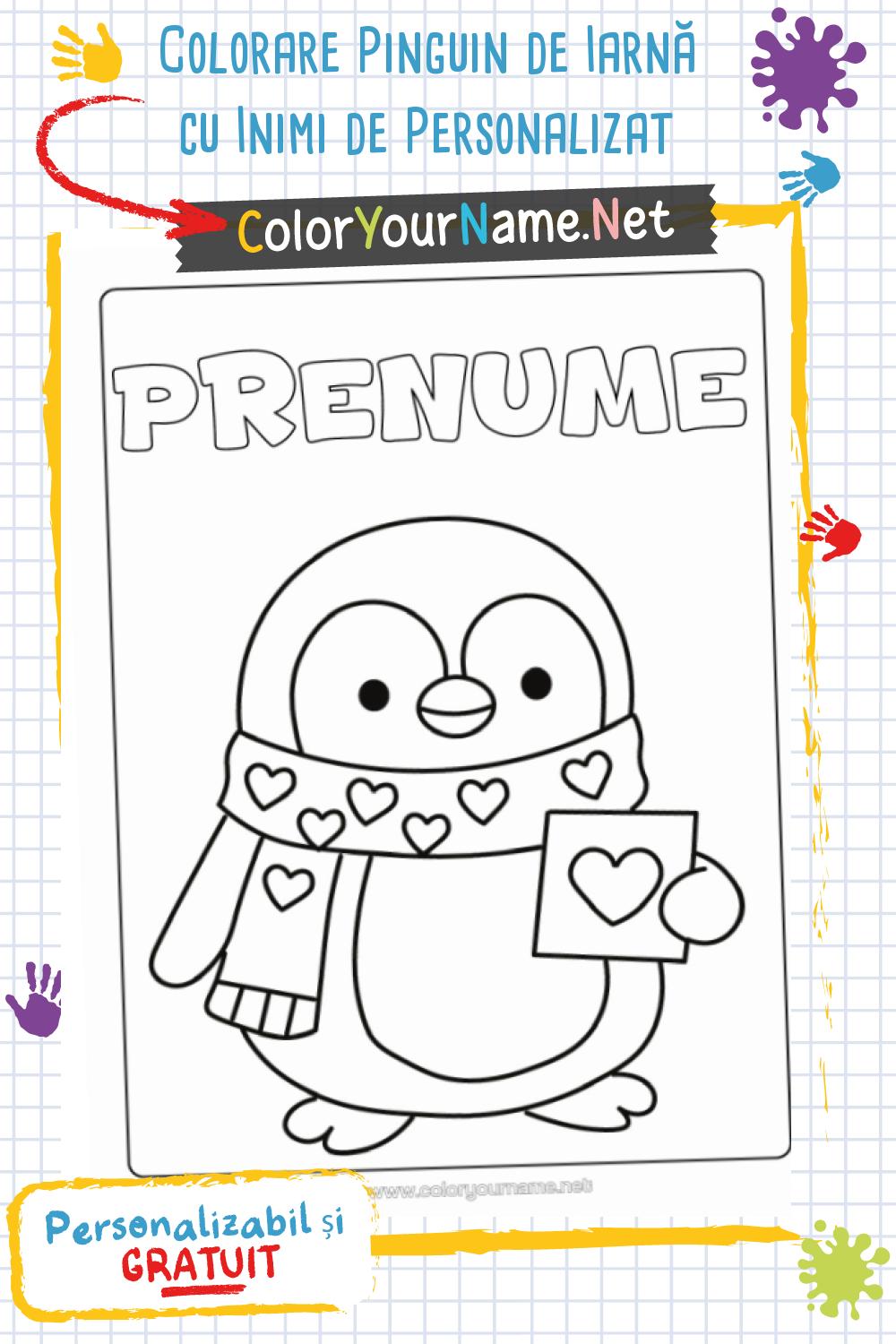 Colorare Pinguin de Iarnă cu Inimi de Personalizat