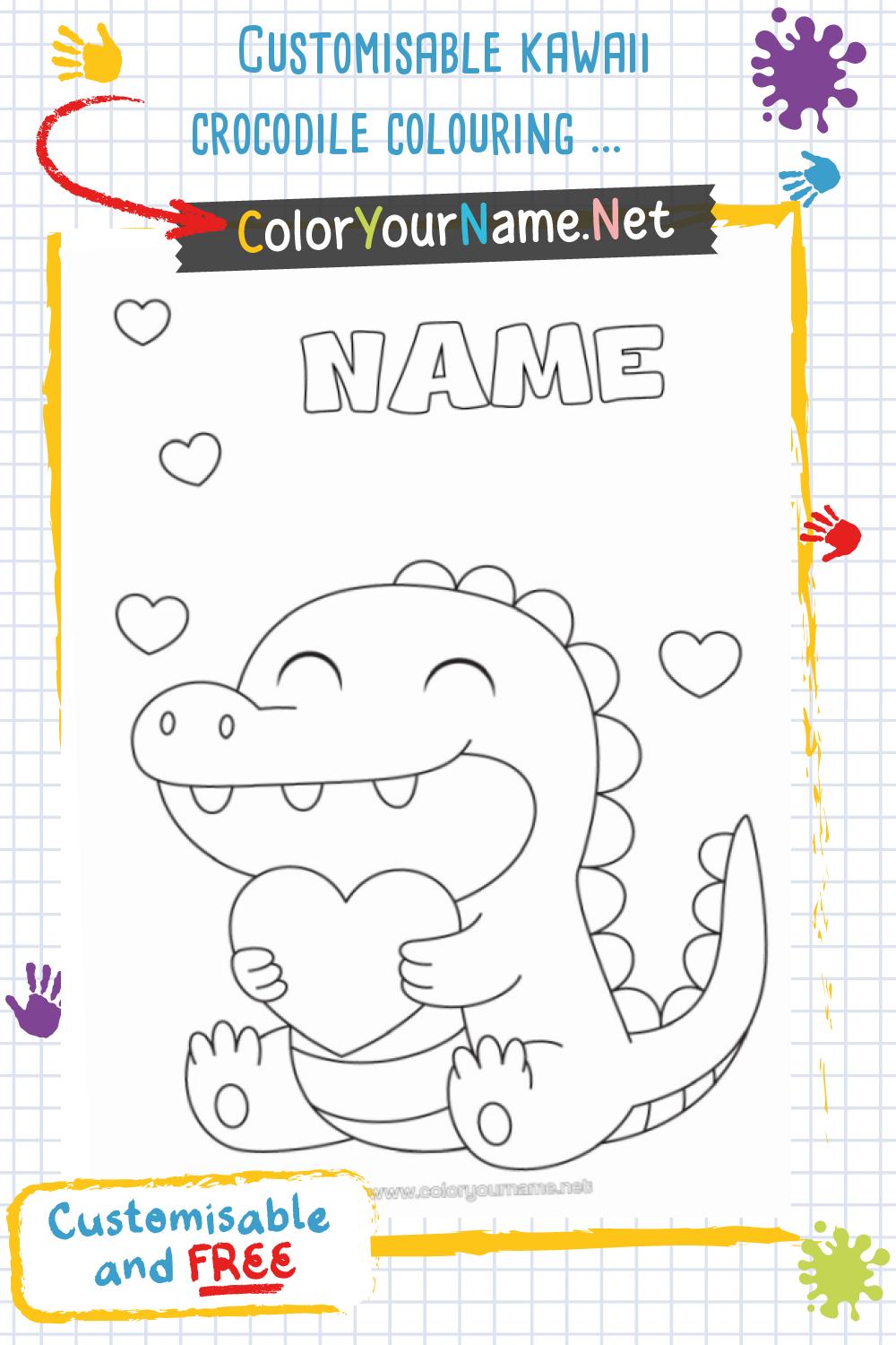 Customisable kawaii crocodile colouring – heart and tenderness