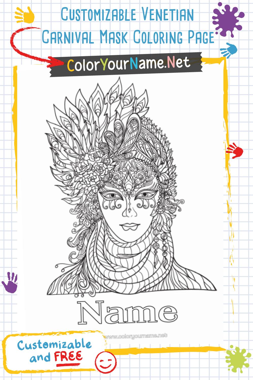 Customizable Venetian Carnival Mask Coloring Page
