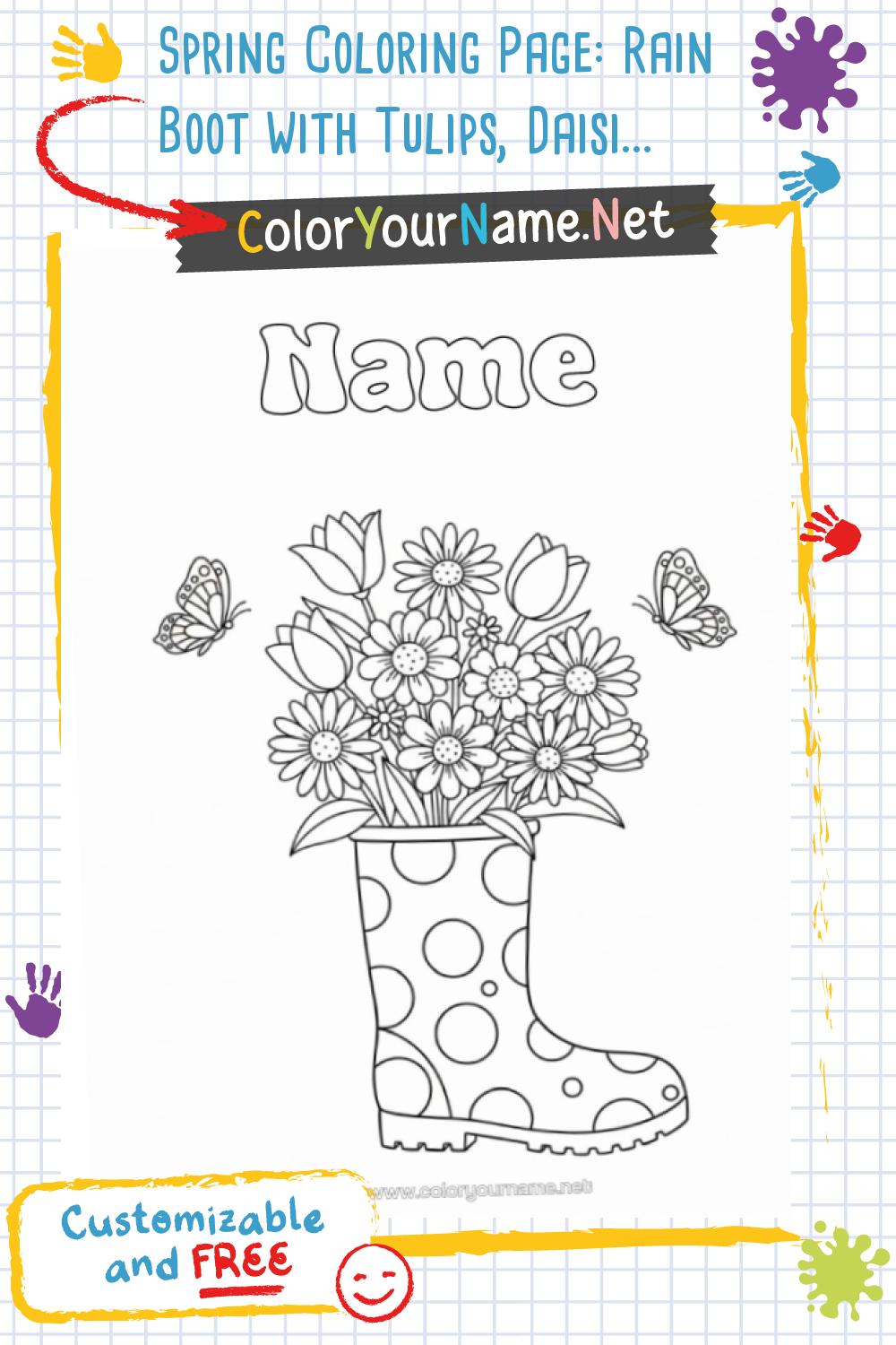 Spring Coloring Page: Rain Boot with Tulips, Daisies, and Butterflies
