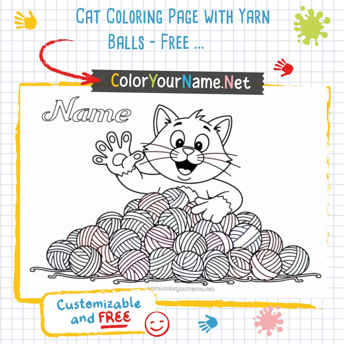 Cat Coloring Page with Yarn Balls - Free and Customizable