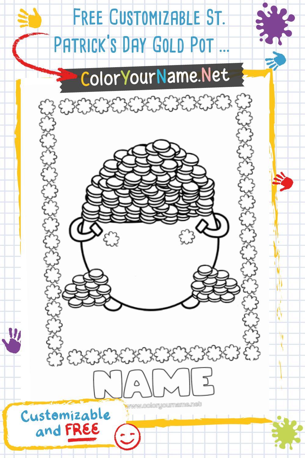 Free Customizable St. Patrick's Day Gold Pot and Coins Coloring Page