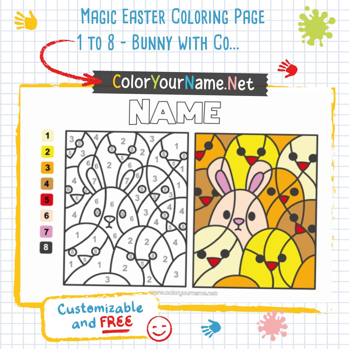Magic Easter Coloring Page 1 to 8 – Bunny with Color Code to Print
