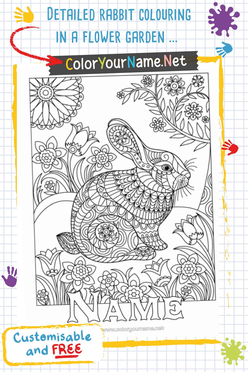 Detailed rabbit colouring in a flower garden – customisable name