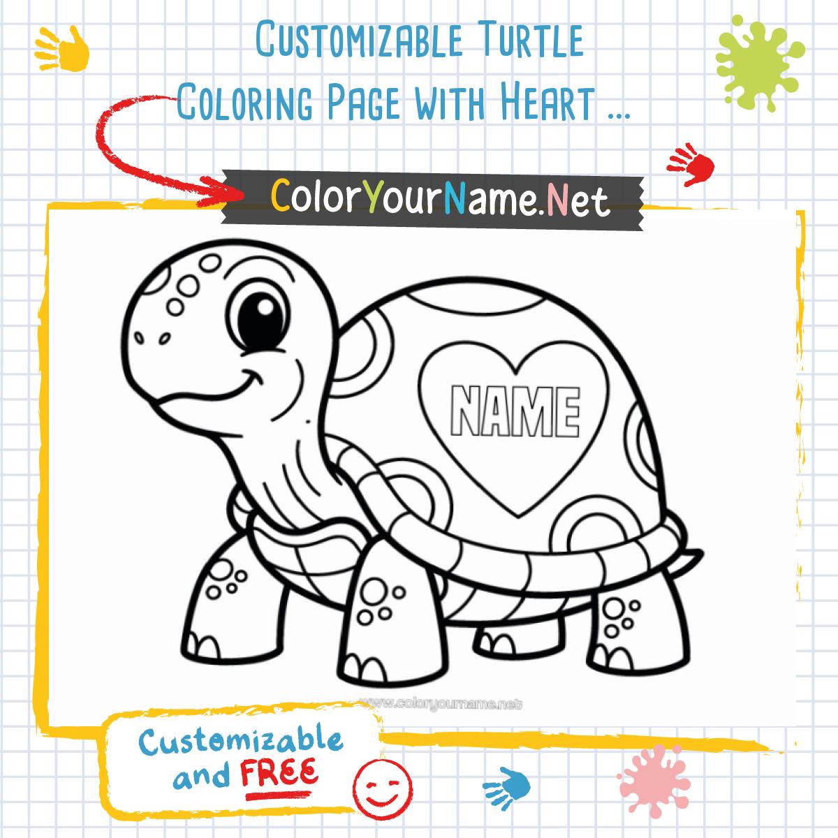 Customizable Turtle Coloring Page with Heart and Name – Cute Printable ...