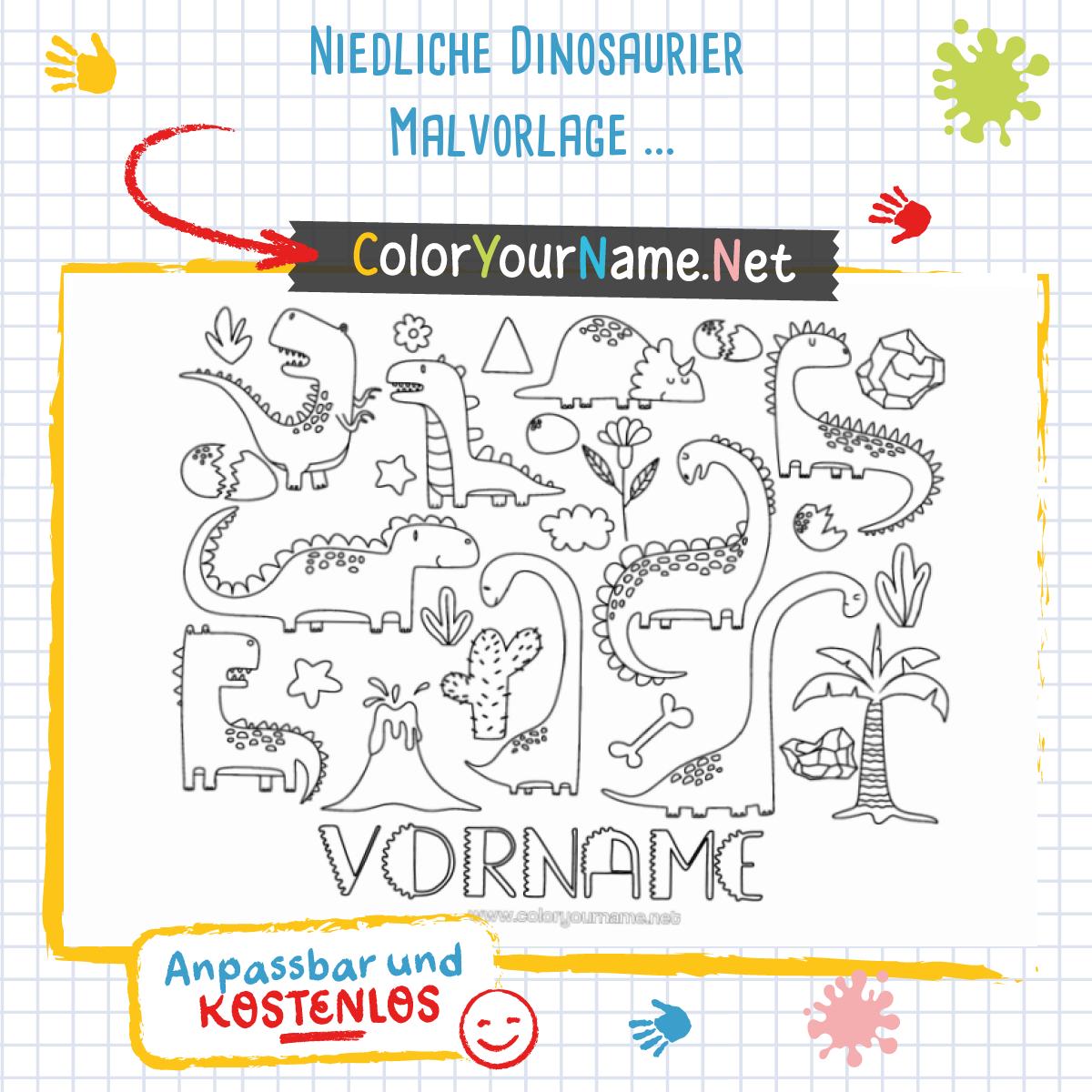 Niedliche Dinosaurier Malvorlage mit personalisierbarem Namen