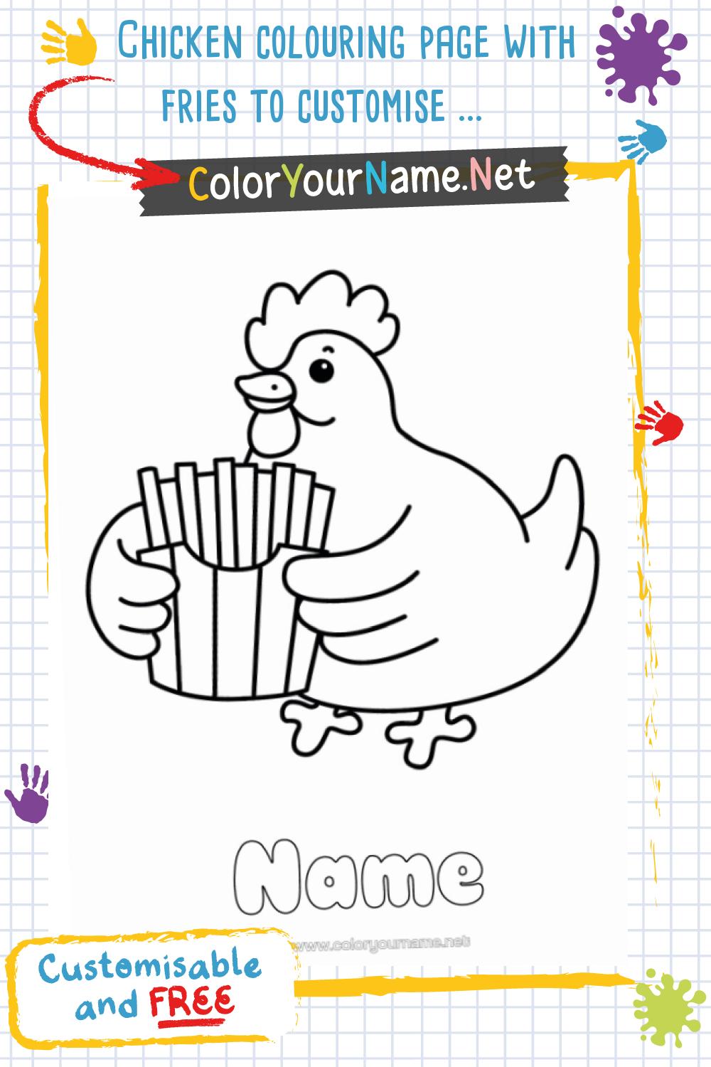Chicken colouring page with fries to customise and print.