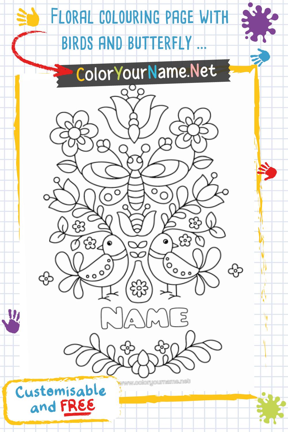 Floral colouring page with birds and butterfly – detailed and ...