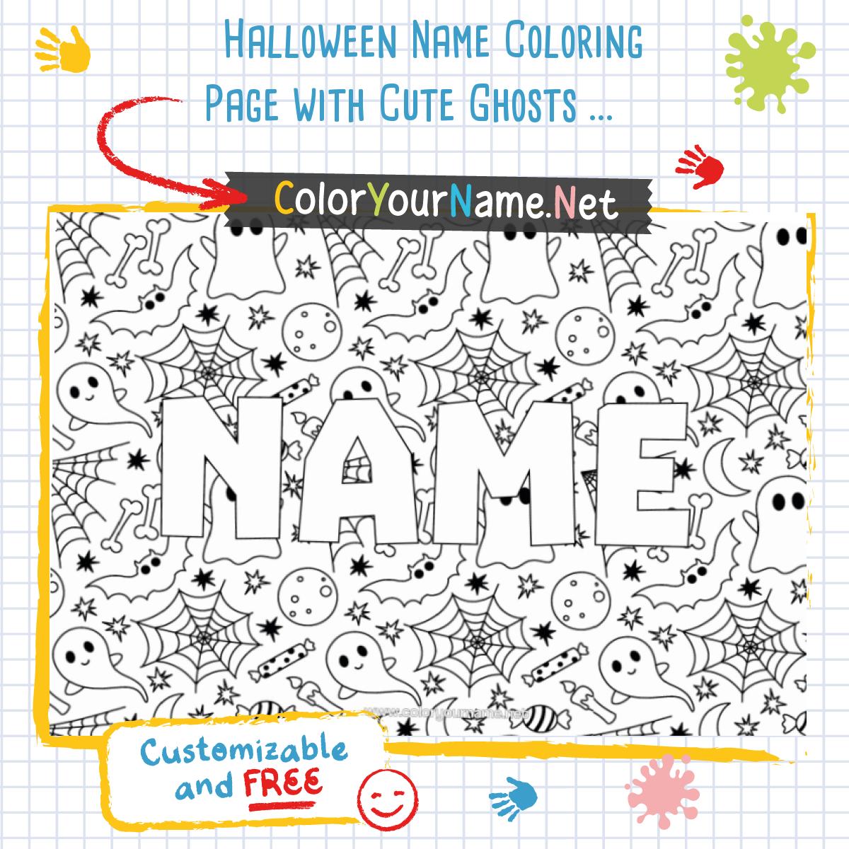 Halloween Name Coloring Page with Cute Ghosts and Patterns