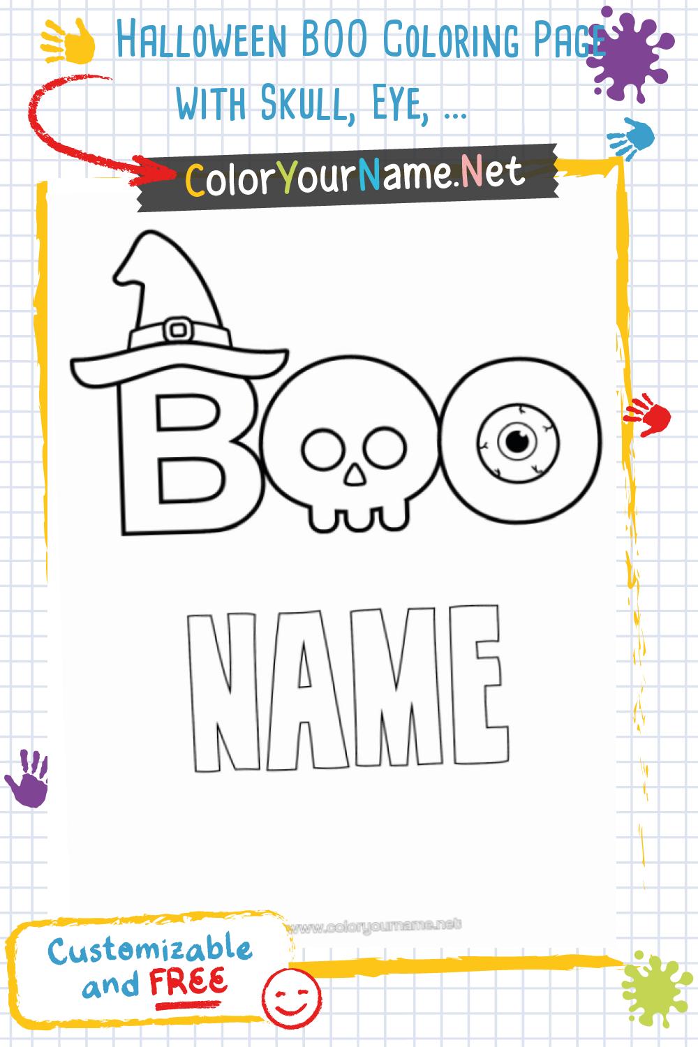 Halloween BOO Coloring Page with Skull, Eye, and Customizable Message Free