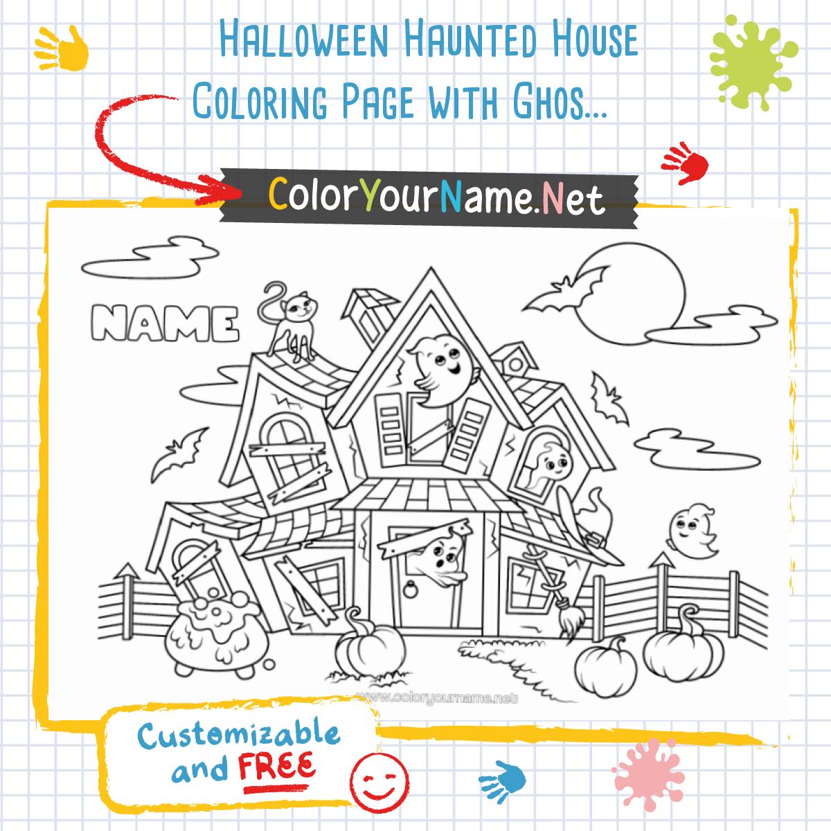 Halloween Haunted House Coloring Page with Ghosts, Bats, and ...