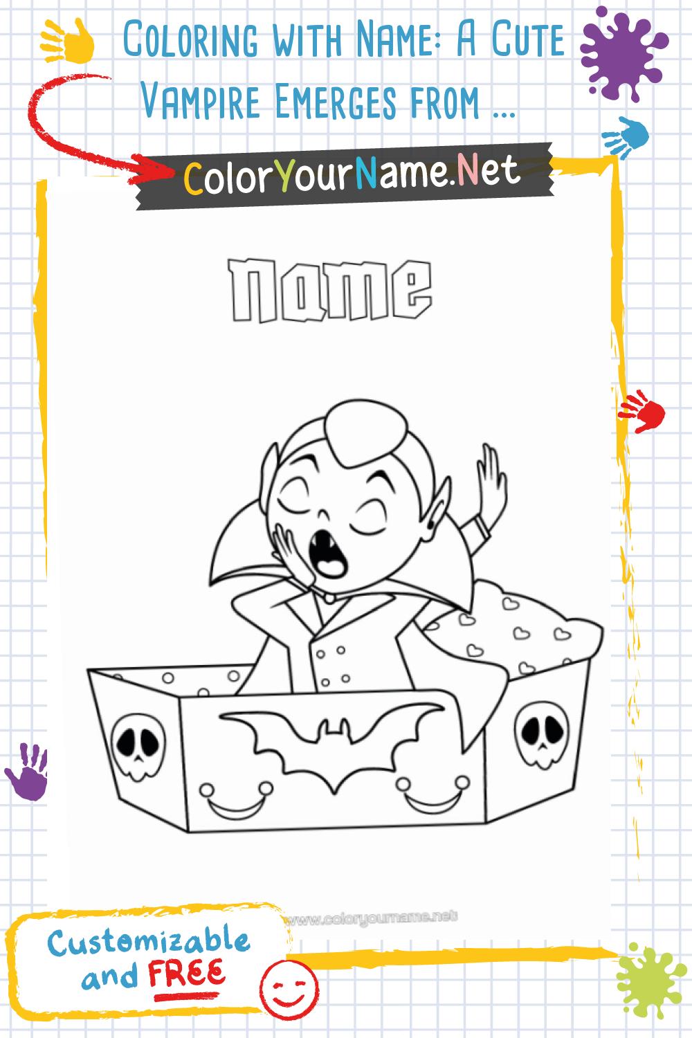 Coloring with Name: A Cute Vampire Emerges from His Coffin for Halloween