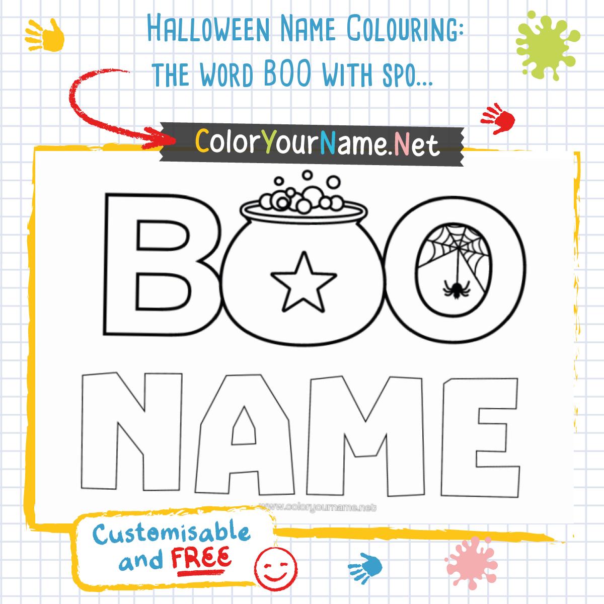 Halloween Name Colouring: the word BOO with spooky patterns