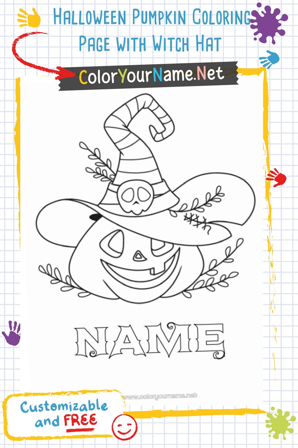 Halloween Pumpkin Coloring Page with Witch Hat