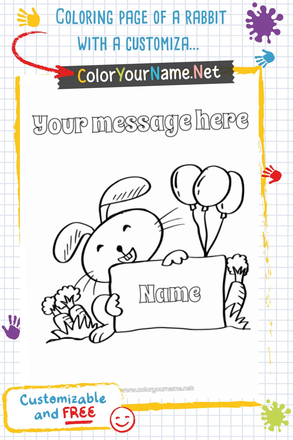 Coloring page of a rabbit with a customizable message.