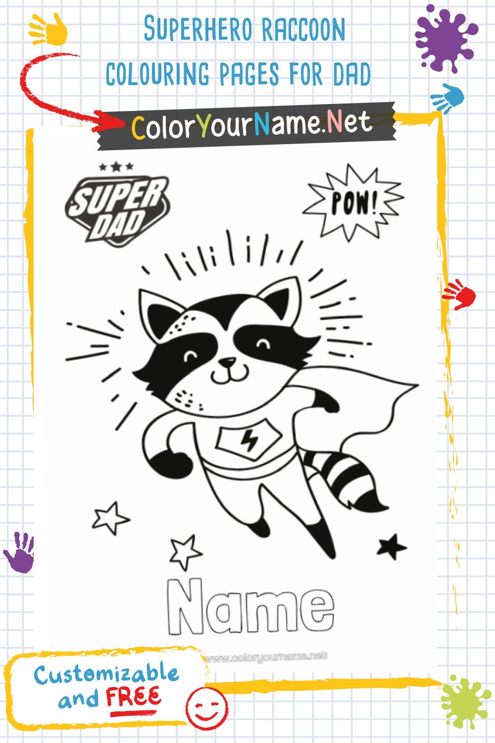 Superhero raccoon colouring pages for dad