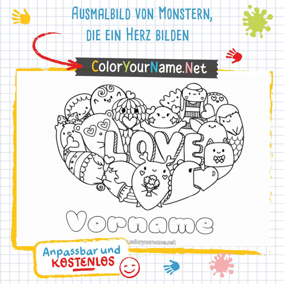  Ausmalbild von Monstern, die ein Herz bilden Illustration 