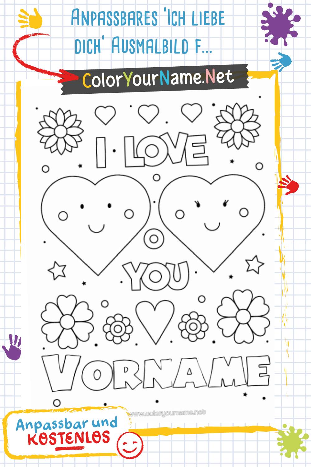 Anpassbares 'Ich liebe dich' Ausmalbild für Valentinstag
